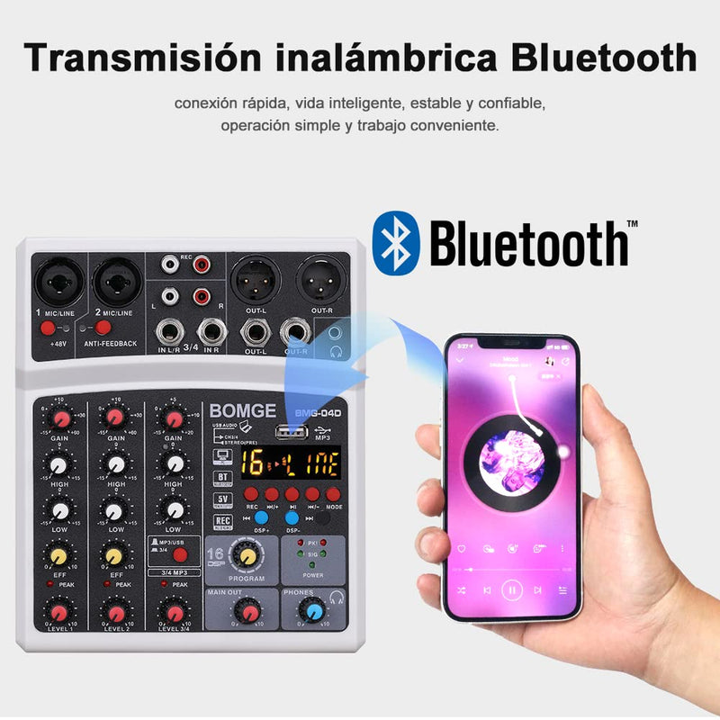 BOMGE 04D portable bluetooth 4 Channel DJ audio sound mixer mixing console with usb interface , 48V Phantom Power input, 16 Echo effects for recording, live streaming, singing (Black) black