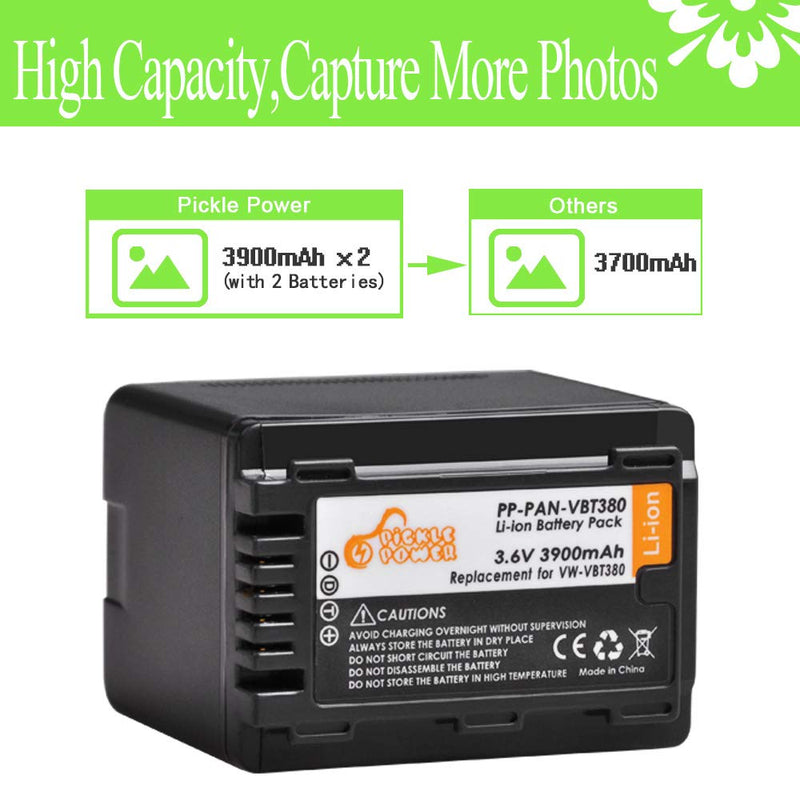 Pickle Power 3900 mAh VW-VBT380 Batteries(Fully Decoded) and Charger Compatible with Panasonic HC-V210, HC-V250, HC-V380, HC-V510, HC-V520, HC-V710, HC-V720, HC-V750, HC-V770, HC-VX870, HC-VX981K