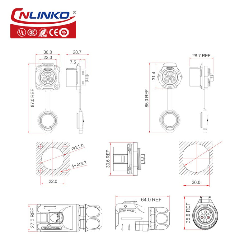 CNLINKO LP20 series waterproof connector, IP65/ IP67 Fast locking connect, 20A 500V 2pin m20 male and female LED outdoor power connector (2 pin) 2 pin