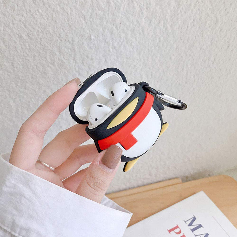 TOUBN Airpods Charging Case, Teens Girls Cute CartoonScarf Penguin Design Soft Silicone Full Protective Skin Cover Suitable For Airpods 1 & 2 With Hook