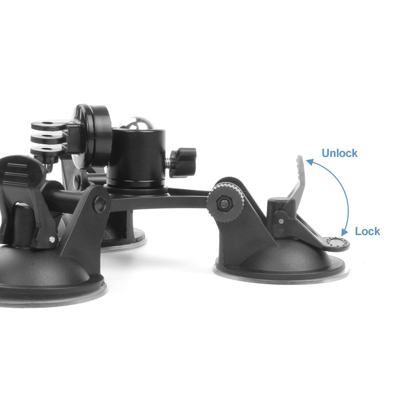 [AUSTRALIA] - Camera Mount for Car - Camera Suction Mount - Car Mount Triple Suction Cup Mount with 1/4 Threaded Head 360 Degree Tripod Ball Head Black B 