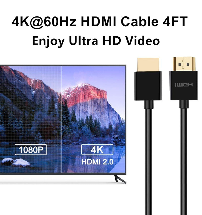 4K Thin HDMI Cable 4FT/1.2M (2 Pack) for PS3, PS4, Xbox, High Speed 18Gbps HDMI 2.0 Cord, Support 4K@60Hz, 3D, 2160P, 1080P, Ethernet, ARC, HDR for TV, Monitor, Projector
