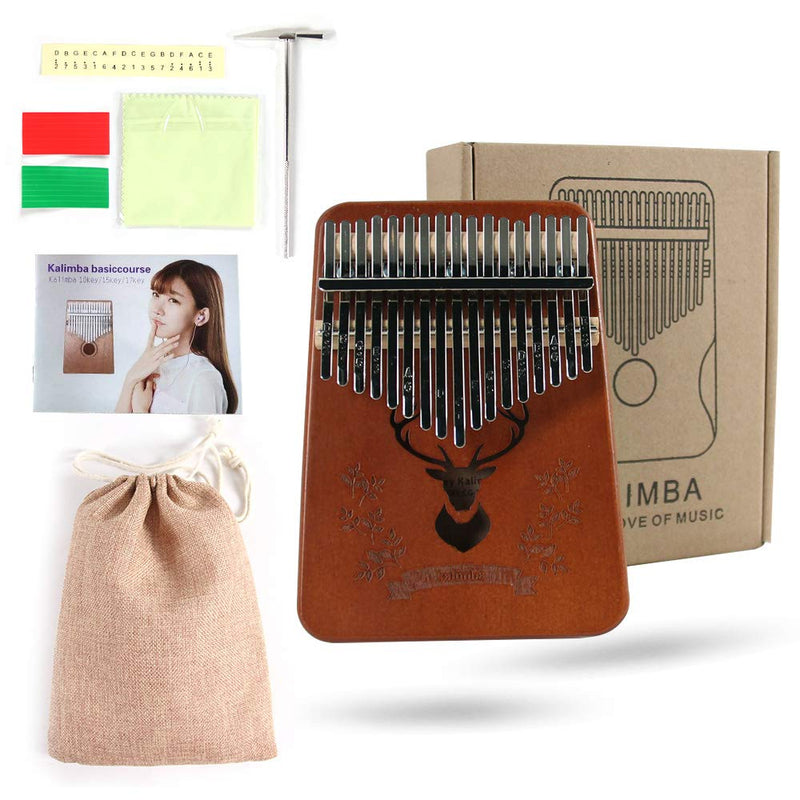 Kalimba 17 Keys Thumb Piano Portable African Solid Wood Finger Piano with Tuning Hammer and Study Instruction, Gift for Kids and Adults Beginners Standard luck deer-Brown-A