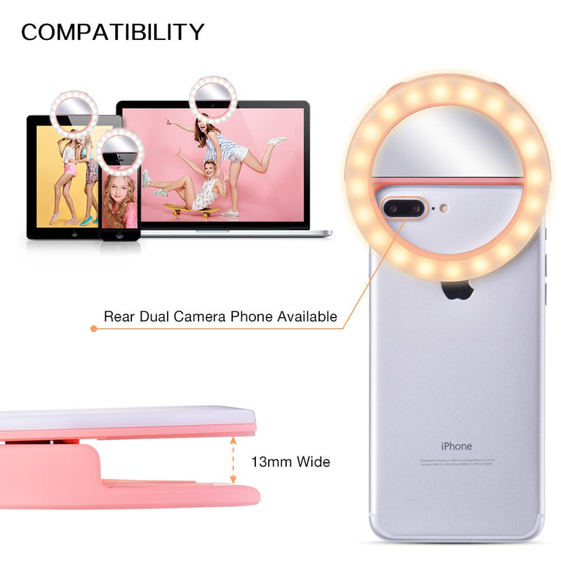 TYCKA Selfie Ring Light, 40 LED Stepless Brightness Control, Independent Dimmable Warm White and Cold White, Clip-on and Rechargeable Design, Ultra-Bright, for iPhone Samsung Sony, Pink