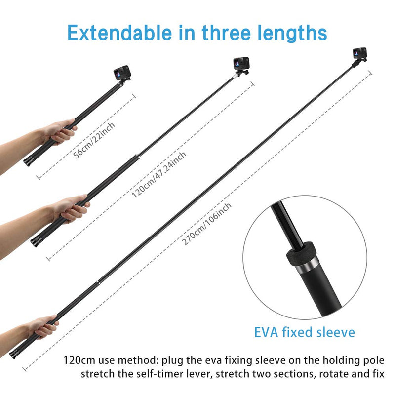 AFAITH 106" Long Carbon Fiber Handheld GoPro Selfie Stick Extendable Pole Monopod for GoPro Hero 9 Hero8 Hero7 Hero 6 Hero 5 Black, DJI OSMO Action Camera, Insta 360 Cam & Other Action Cameras