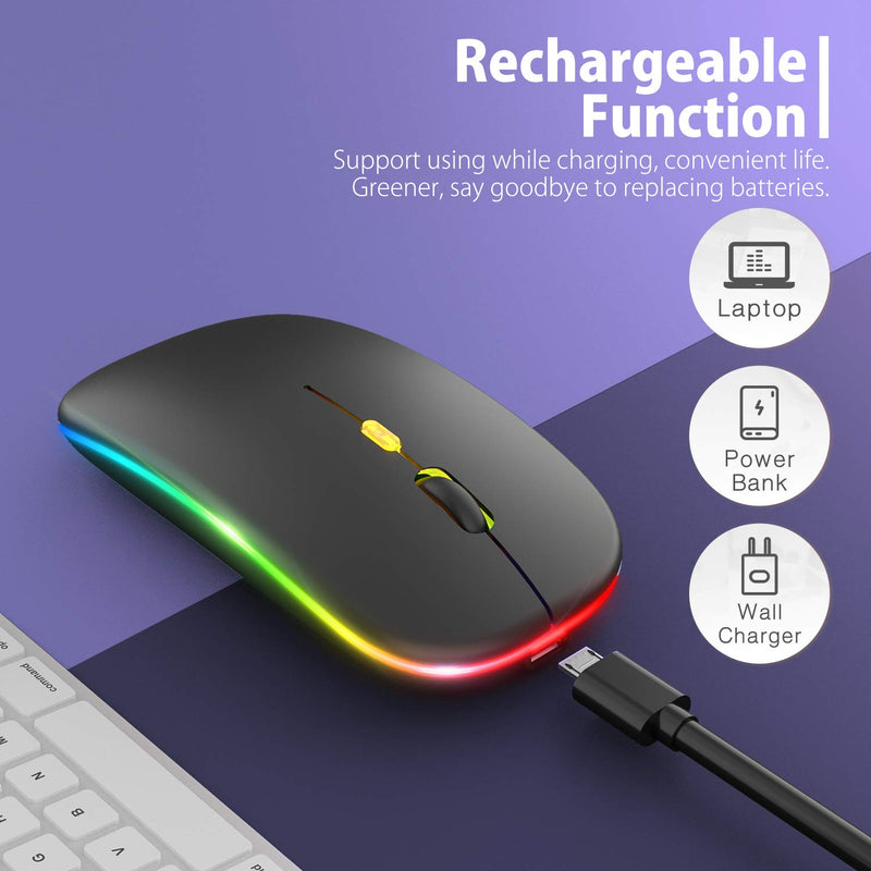 【Upgrade】 LED Wireless Mouse, Rechargeable Slim Silent Mouse 2.4G Portable Mobile Optical Office Mouse with USB & Type-c Receiver, 3 Adjustable DPI for Notebook, PC, Laptop, Computer, Desktop (Black) Black