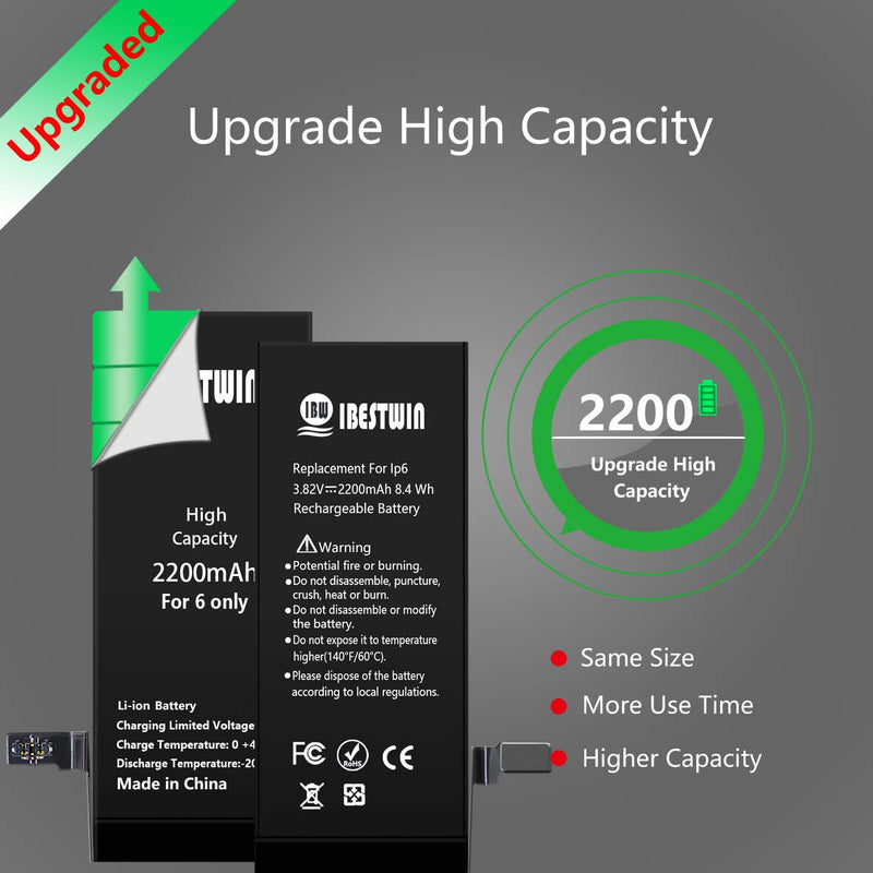 Battery for iPhone 6, IBESTWIN 2200mAh Replacement Battery for IP 6 High Capacity with Full Remove Tool Kit and Instruction-3 Years Warranty