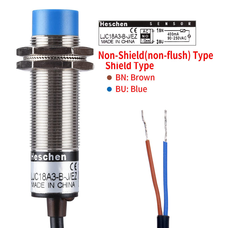 Heschen M18 Capacitive Proximity Sensor Switch Non-Shield Type LJC18A3-B-J/EZ Detection 10mm 90-250VAC 400mA Normally Open(NO) 2 Wires