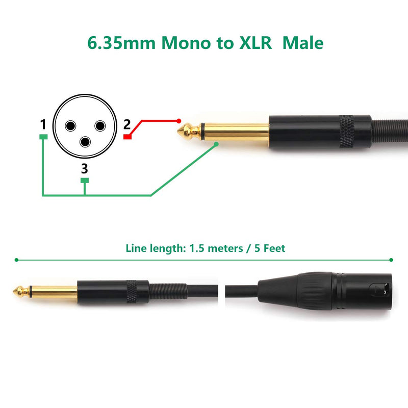 [AUSTRALIA] - NANYI 6.35mm (1/4 Inch) TS Male to XLR Male Interconnect Audio Microphone Cable, Black/Alloy, Suitable for Microphones, Active Speakers, Stage, DJ, Studio Audio Console, 1.5M / 5FT XLR-M-5FT 