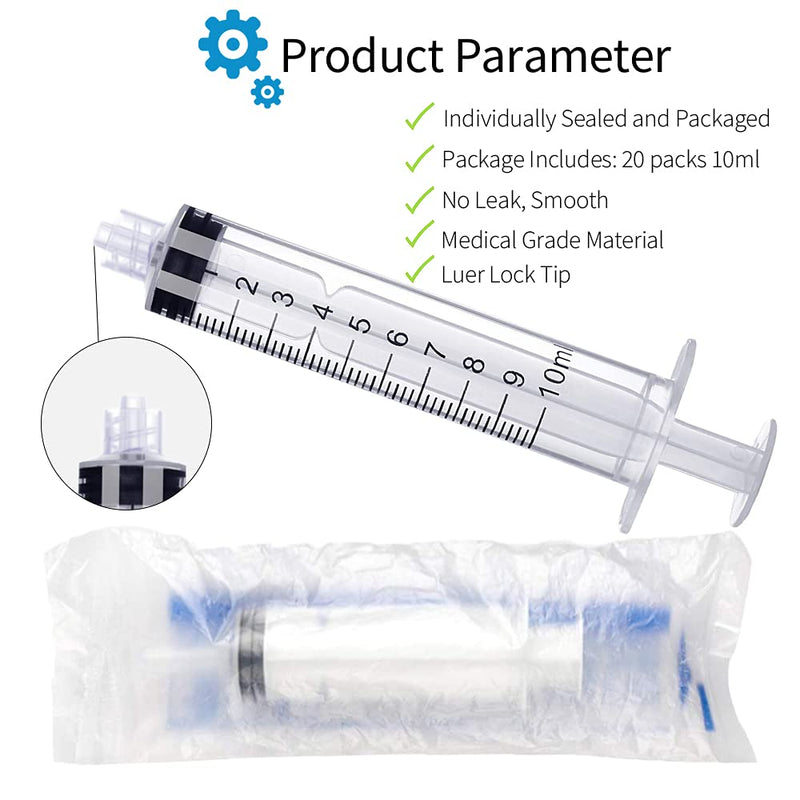 10ml Luer Lock Syringe 20-Pack Plastic 10ml Syringes with Luer Lock Tip, Individually Sterile Sealed, No Needle 20.0