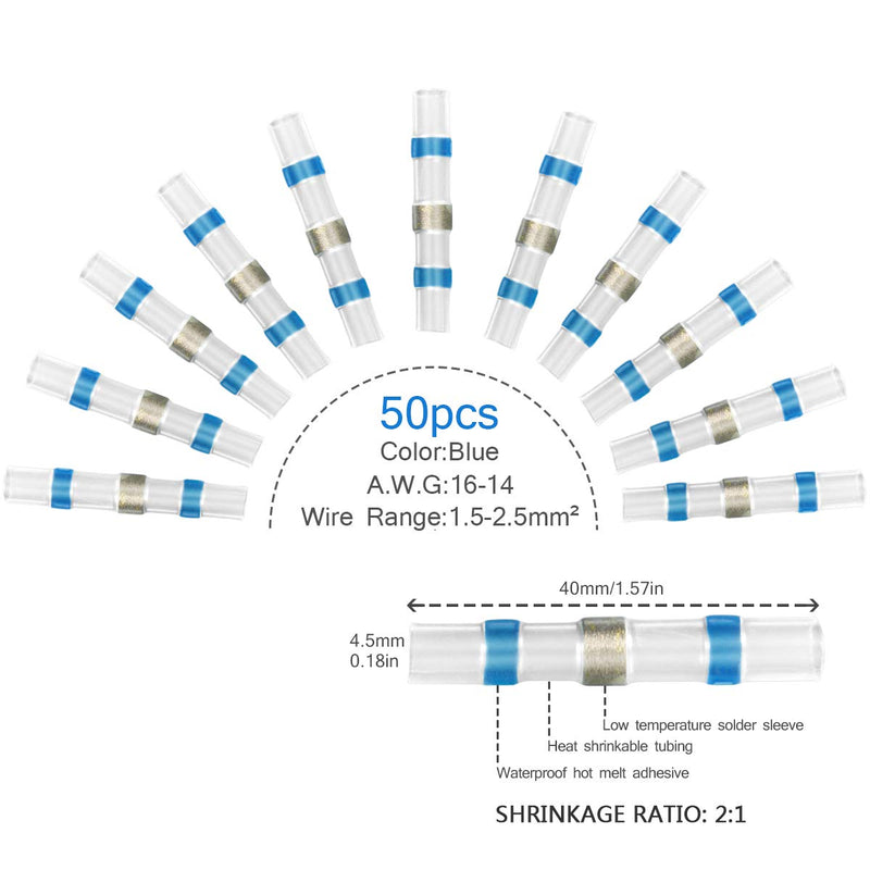 50pcs Solder Seal Wire Connectors, Sopoby Heat Shrink Butt Connectors, Waterproof Automotive Marine Electrical Terminals Blue