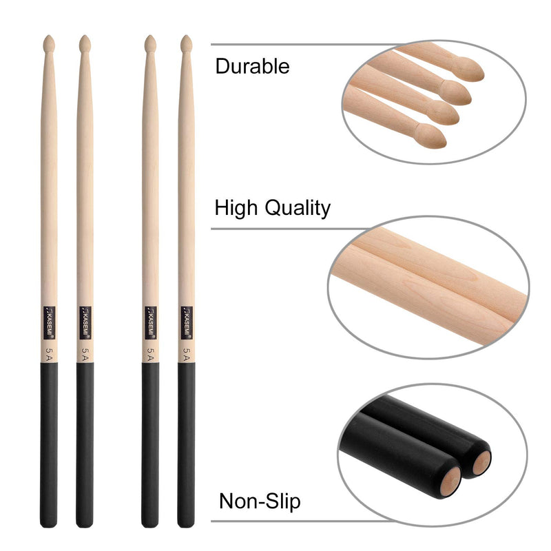 KASEMI Drum Sticks Non-Slip, 5A Wood Tip Drumstick (2 Pair) - Black