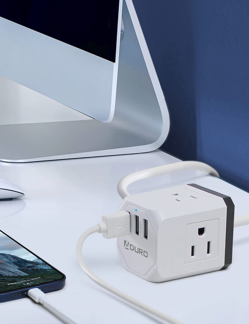 Aduro PowerUp Square Multiple Plugs & USB Power Strip with 3 USB Ports + 3 AC Plug Outlets, White/Grey