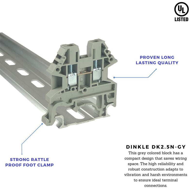 [AUSTRALIA] - Dinkle Gray DK2.5N-S13109 DIN Rail Terminal Block Screw Type UL 600V 20A 12-22AWG, Pack of 100 Grey 