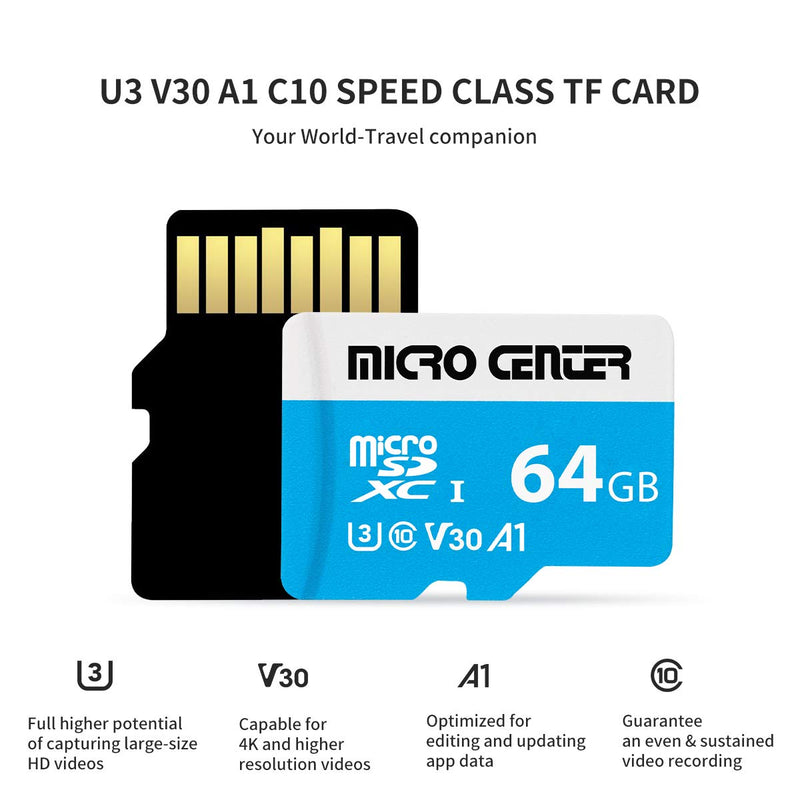 Micro Center Premium 64GB microSDXC Card, Nintendo-Switch Compatible Memory Card, UHS-I C10 U3 V30 4K UHD Video A1 Micro SD Card with Adapter (64GB)
