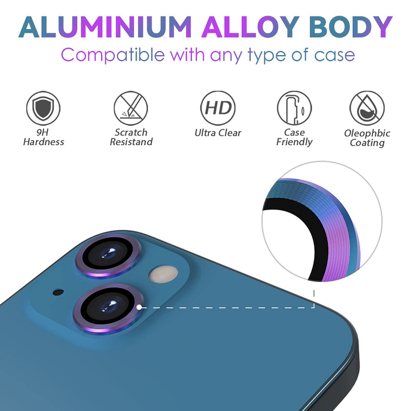 CloudValley Camera Lens Protector Designed for iPhone 13/13 Mini, Tempered Glass Protective Film, Aluminum Alloy Camera Lens Cover, Colorful