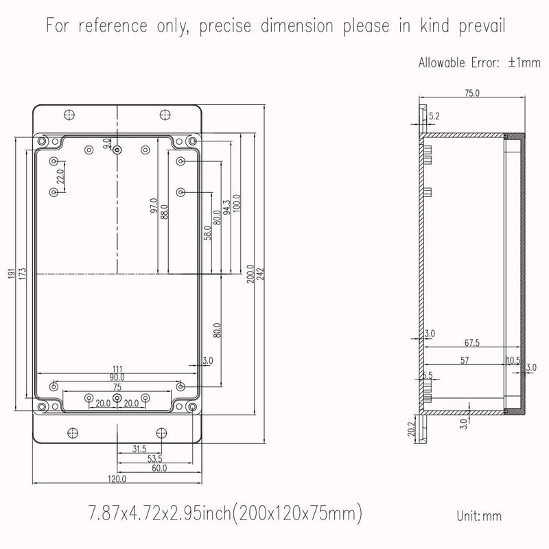 Junction Box, Zulkit Project Box Waterproof Dustproof IP65 ABS Universal Electrical Boxes Enclosure with Fixed Ear Black 7.87 x 4.72 x 2.95 inch (200 x 120 x 75 mm)(Pack of 2) 7.87" x 4.72" x 2.95"(Pack of 2)
