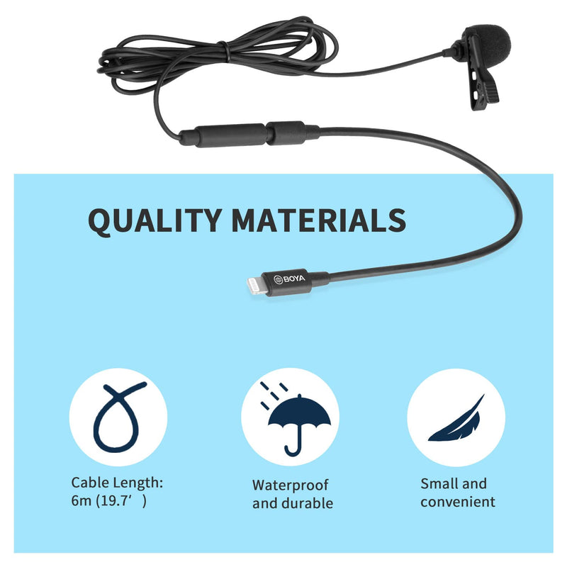 BOYA Lavalier Lightning Microphone for iOS iPhone 11 Vlog, 20 ft/6m by-M2 Lapel Universal Mic with Lightning Plug Adapter for iPhone 11 10 X 8 7 MAC YouTube Video Facebook Live