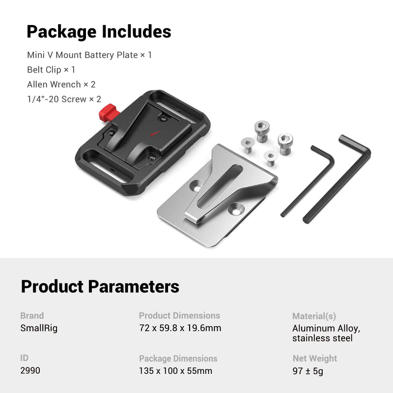 [AUSTRALIA] - SMALLRIG Mini V-Lock Mount Battery Plate with Belt Clip - 2990 