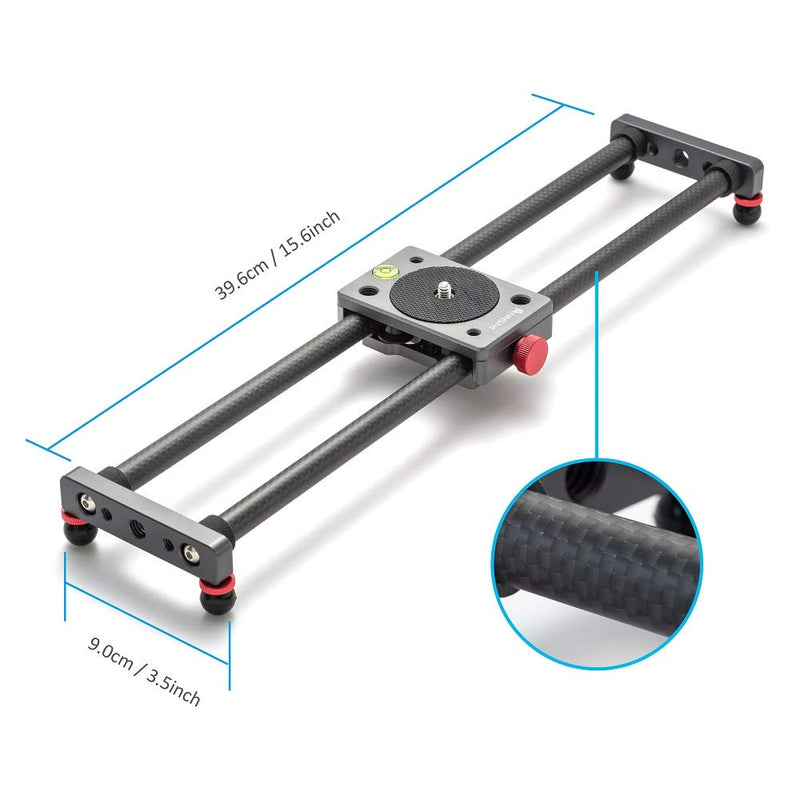 ANNSM 16 inches/40cm Mini Table Top Video Camera Slider Carbon Fiber Rail Rods for Smartphone iPhone Samsung DSLR Sony Canon Nikon Loading up to 11 lbs /5Kgs 40cm/16 inches Mini Table Top Slider Carbon Fiber