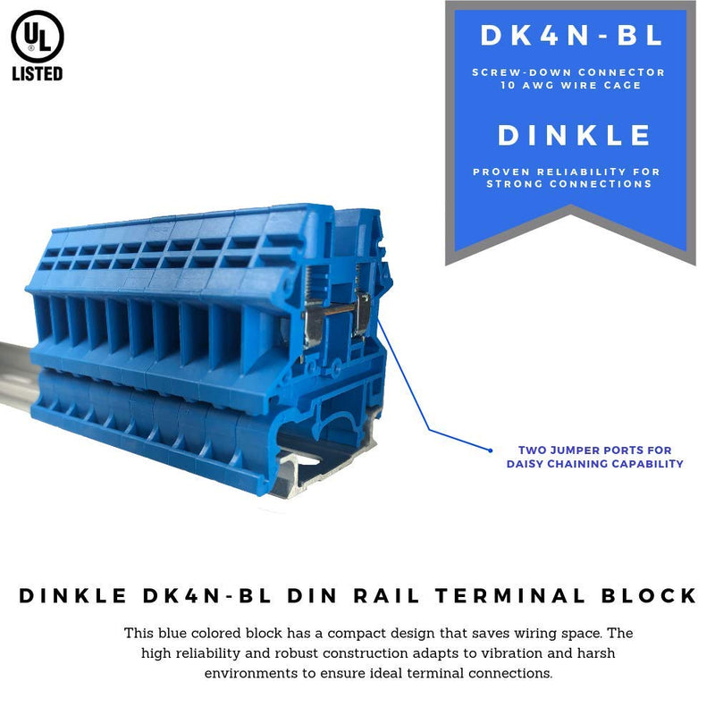 Dinkle Blue DK4N-BL DIN Rail Terminal Block Screw Type UL 600V 30A 10-22AWG, Pack of 100