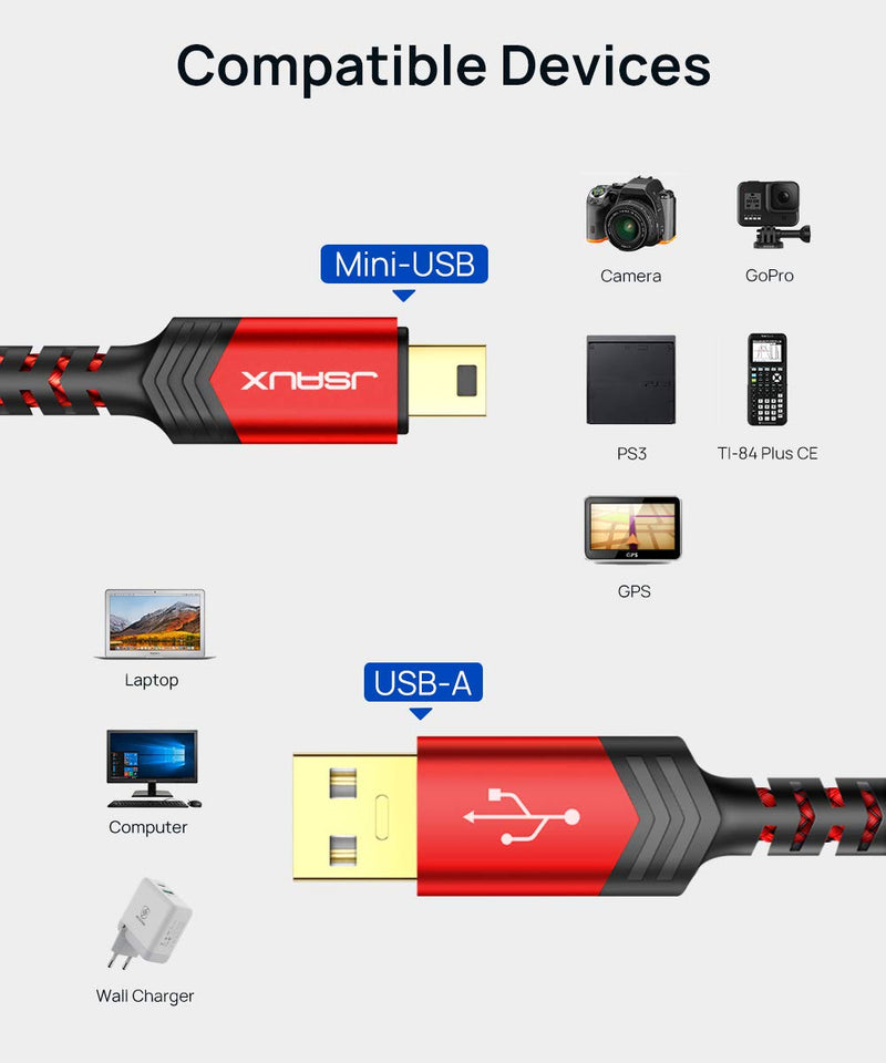 Mini USB Cable[2-Pack 3.3ft+6.6ft], JSAUX USB 2.0 A to Mini B Cable Charging Cord Compatible with Ti-84 Plus CE Graphing Calculators, PS3 Controller, Digital Camera, GPS Receiver, Dash Cam 3.3+6.6 Red