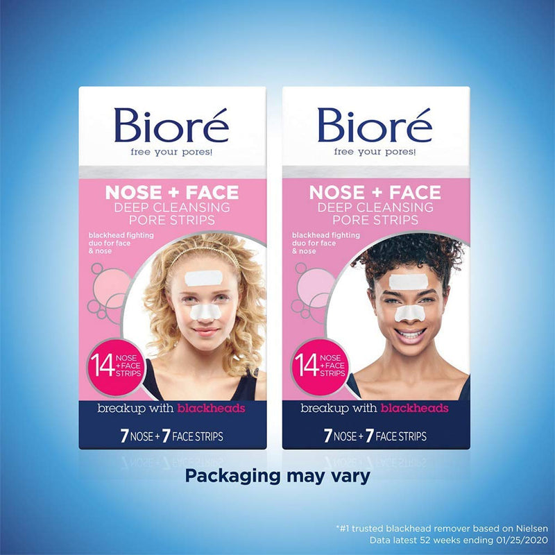 Bioré Nose+Face, Deep Cleansing Pore Strips, 7 Nose + 7 Chin or Forehead, with Instant Blackhead Removal and Pore Unclogging, 14 Count, Oil-free, Non-Comedogenic Use