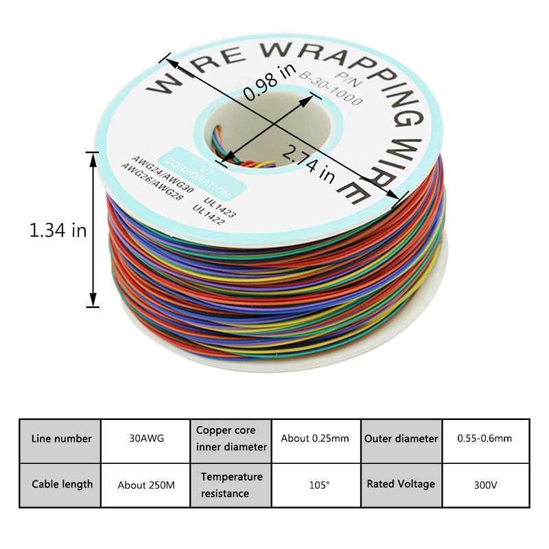 P/N B-30-1000 30AWG Tin Plated Copper Wire Cable Reel 250M White PCB Solder PVC Coated Tin Plated Copper Wire Wire-Wrapping 30AWG 105 Celsius Cable Roll (8 Colors)