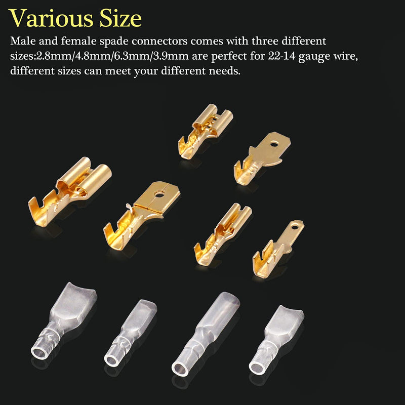 Twidec/360Pcs 2.8/4.8/6.3mm Quick Splice Male and Female Wire Spade Connector Crimp Terminal Block Assortment Kit Golden with Insulating Sleeve for Electrical Wiring Car Audio Speaker N-002 360PCS