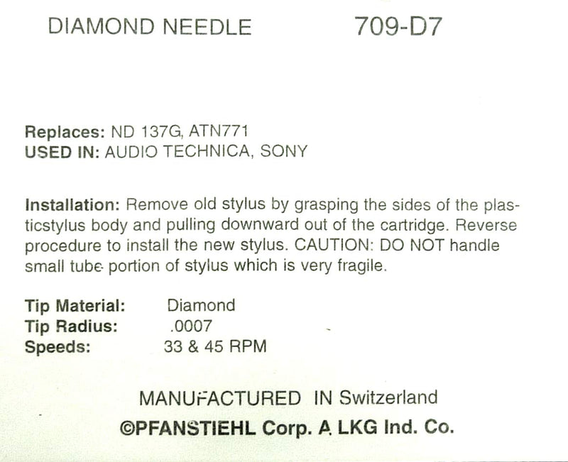 Pfanstiehl Phonograph Needle Stylus For Audio Technica ATN-771 Sony ND-137G VL-37G Sanyo Fisher ST-100 Dual DN-441 DMS242E