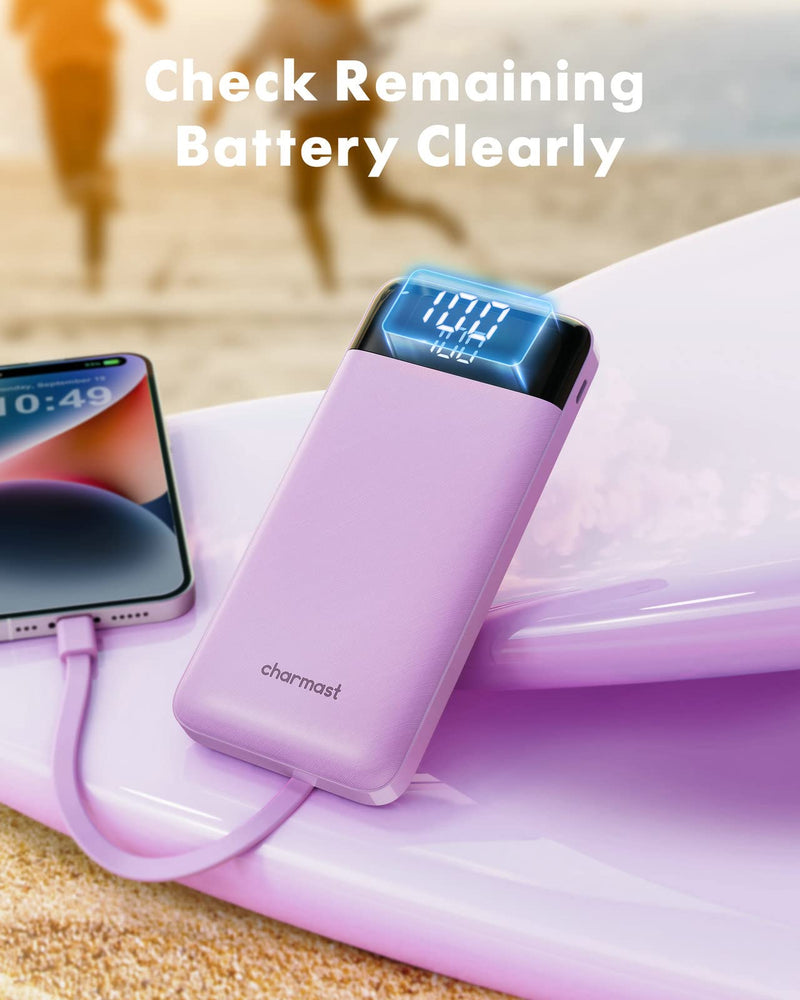 Portable Charger with Built in Cables, Portable Charger with Cords Wires Slim 10000mAh Travel Essentials Battery Pack 6 Outputs 3A High Speed Power Bank for iPhone Samsung Pixel LG Moto iPad D-Purple