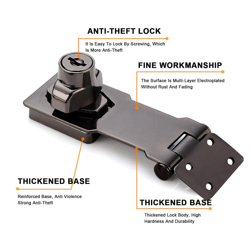 2 Pack 4 Inch Keyed Hasp Locks Twist Knob Keyed Locking Hasp Metal Safety Hasp Lock for Small Doors Cabinets Black