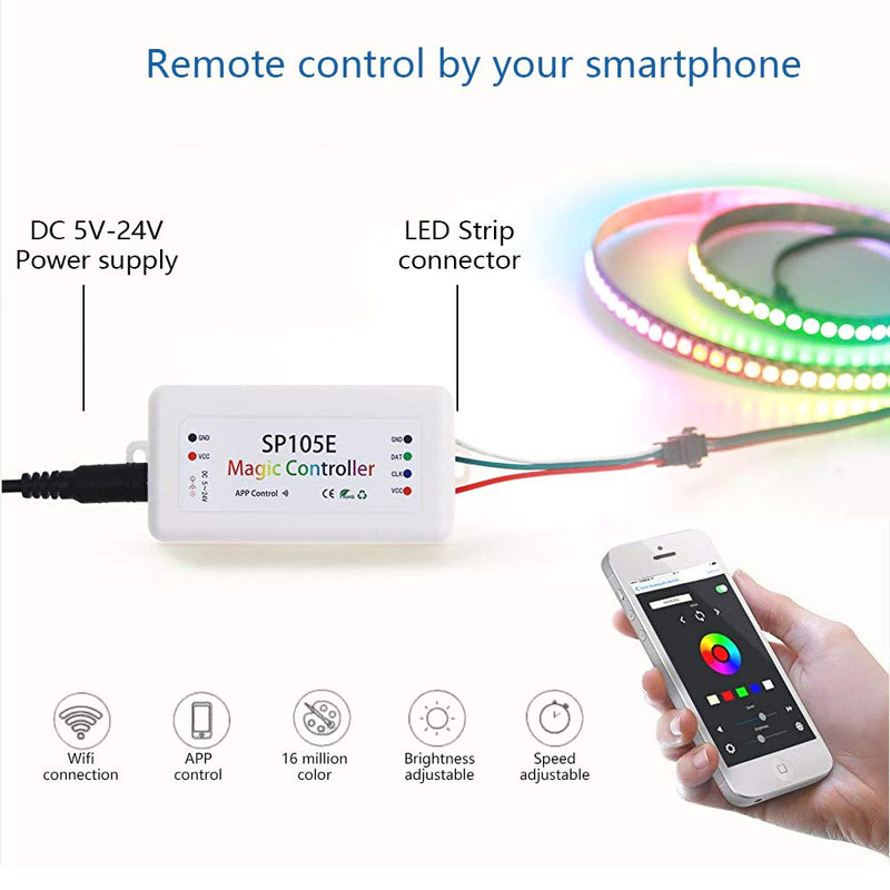 [AUSTRALIA] - Aclorol SP105E Wireless Bluetooth LED Light Controller DC5V~24V for WS2811 WS2812B WS2801 SK6812 Individually Addressable Programmable LED Strip Pixel Module Panel Lamp Android and iOS Smartphone SP105E Controller 