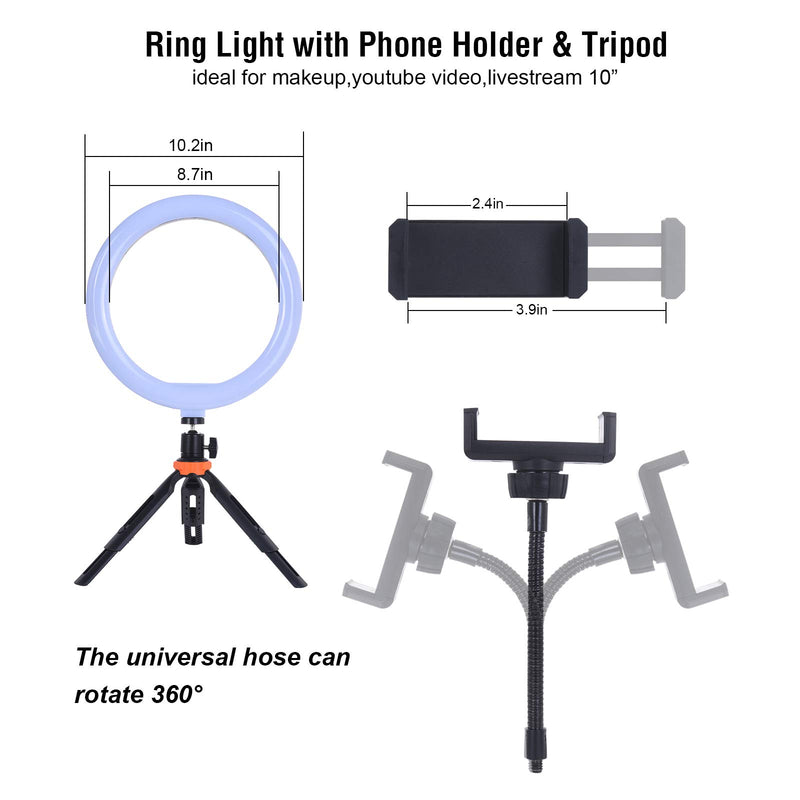 LED Ring Light 10" with Tripod Stand & Phone Holder for Live Streaming & YouTube Video, Dimmable Desk Makeup Ring Light for Photography, Shooting with 3 Light Modes & 10 Brightness Level (10 inches)