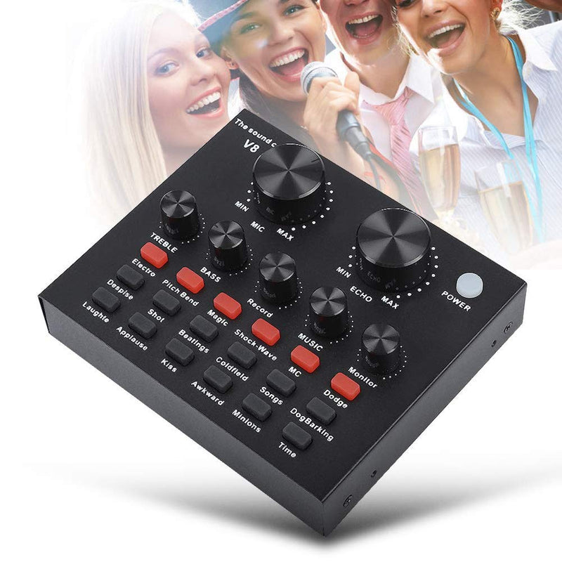 [AUSTRALIA] - BAOYOU V8-Live Sound Card, USB Audio Interface Intelligent Volume Live Sound Card, Adjustable Audio Mixer Sound Card with Multiple Funny Sound Effect for Live Recording, Home KTV, Voice Chat 125x105x25mm Black 