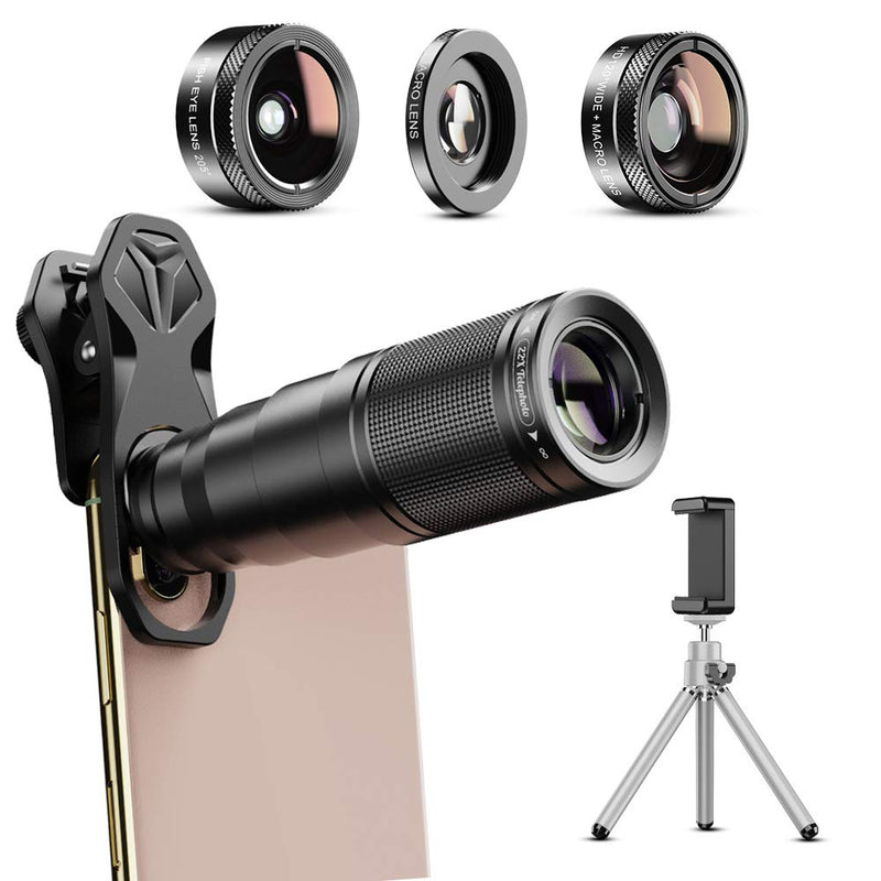 Cyclotronix Phone Lens Kit 6 in 1, 22X Telephoto Lens, Remote Control Shutter, 205° Fisheye Lens, 120° Wide Angle Lens & 25X Macro Lens, Compatible with iPhone 11 8 7 6 6s Plus X Xs/Max XR Samsung