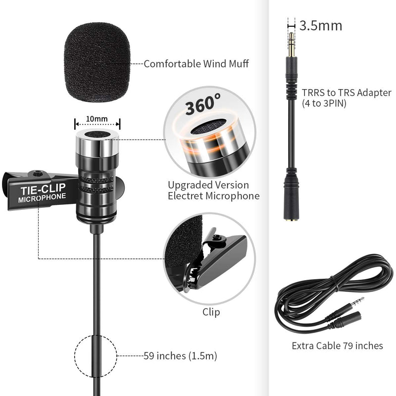 [AUSTRALIA] - InnoGear Lapel Microphone with 6.5 Feet Extension Cable and 4 to 3 Pin Adapter 3.5mm Clip-on Omnidirectional Lavalier Mic for iPhone Android Smartphone 