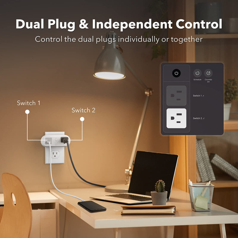 HBN Smart Plug 15A, WiFi&Bluetooth Outlet Extender Dual Socket Plugs Works with Alexa, Google Home Assistant, Remote Control with Timer Function, No Hub Required, ETL Certified, 2.4G WiFi Only, 2-Pack 2 Pack