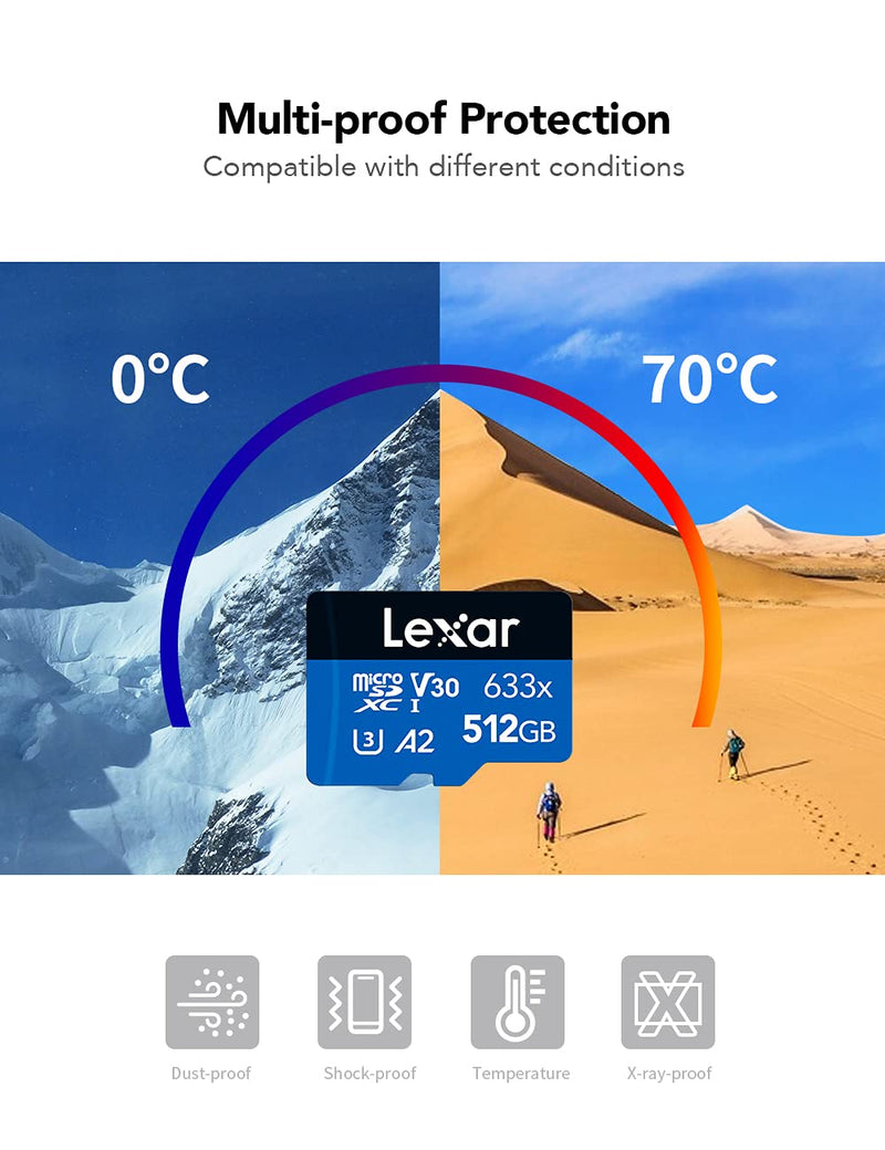 Lexar High-Performance 633x 512GB microSDXC UHS-I Card w/ SD Adapter, C10, U3, V30, A2, Full-HD & 4K Video, Up To 100MB/s Read, for Smartphones, Tablets, and Action Cameras (LSDMI512BBNL633A) Single