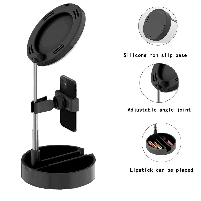 LED Ring Light Foldable Fill Light with Mirror Mobile Phone Holder with 3 Lighting Modes Scalable for YouTube Video/Live Streaming/Make-up/Photography USB Charging(Black) Black