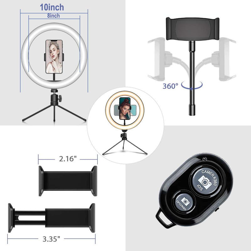 CameCosy 10" Selfie Ring Light with Tripod Stand&Adjustable Phone Holder,Bluetooth Control for Live Stream/Makeup/YouTube/Photography,Compatible with iPhone/Android black