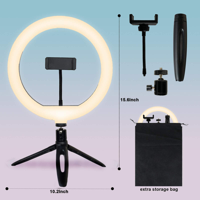 Fustarky 10 INCH Selfie Ring Light Tripod with Phone Holder 3 Colour Modes for Live Streaming/Make up/Outdoor Activities/Journey