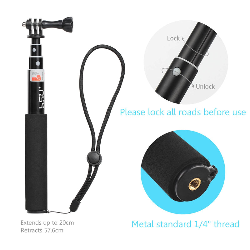 HSU Extendable Selfie Stick，Waterproof Hand Grip for GoPro Hero 10/9/8/7/6/5/4, Handheld Monopod Compatible with Cell Phones, AKASO Campark and Other Action Cameras 7.9"to 22.6"