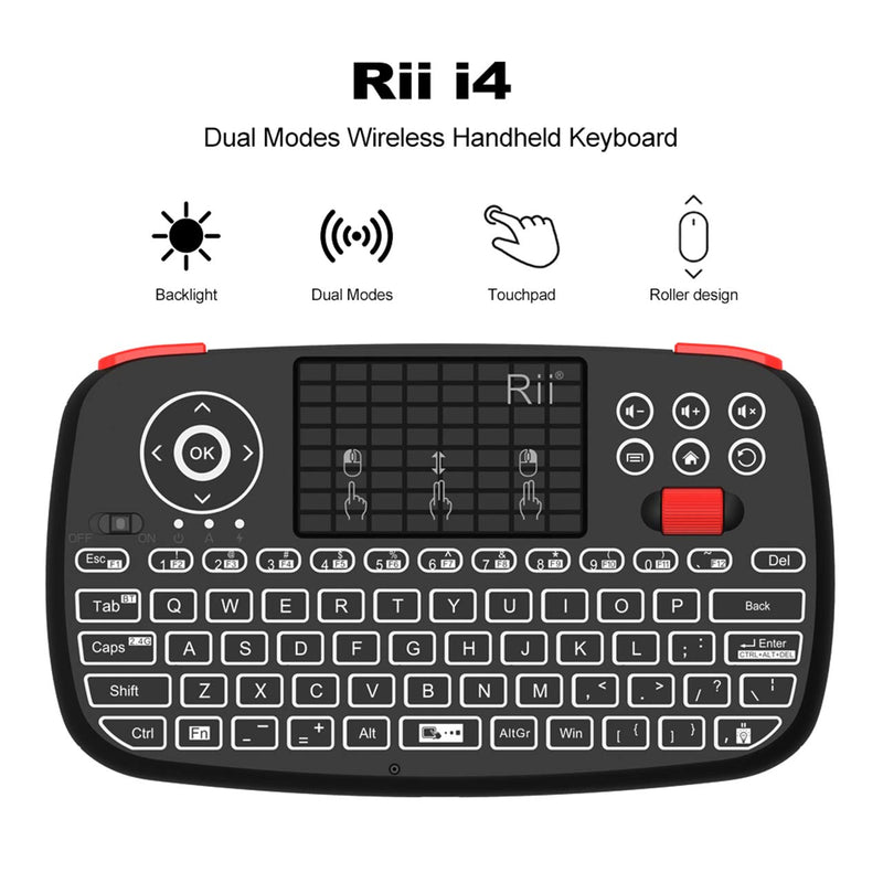(Upgrade) Rii i4 Mini Bluetooth Keyboard with Touchpad, Blacklit Portable Wireless Keyboard with 2.4G USB Dongle for Smartphones, PC, Tablet, Laptop TV Box iOS Android Windows Mac.Black Newest Version i4 BT+2.4G