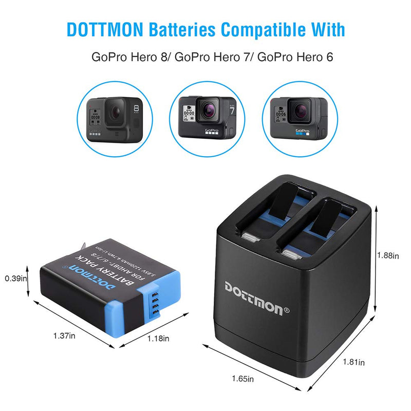 DOTTMON Hero 8/7/6 1220mAh Replacement Batteries(2-Pack) and Dual USB Storage Charger for GoPro Hero 8 Black, GoPro Hero 7 Black, GoPro Hero 6 Black Batteries