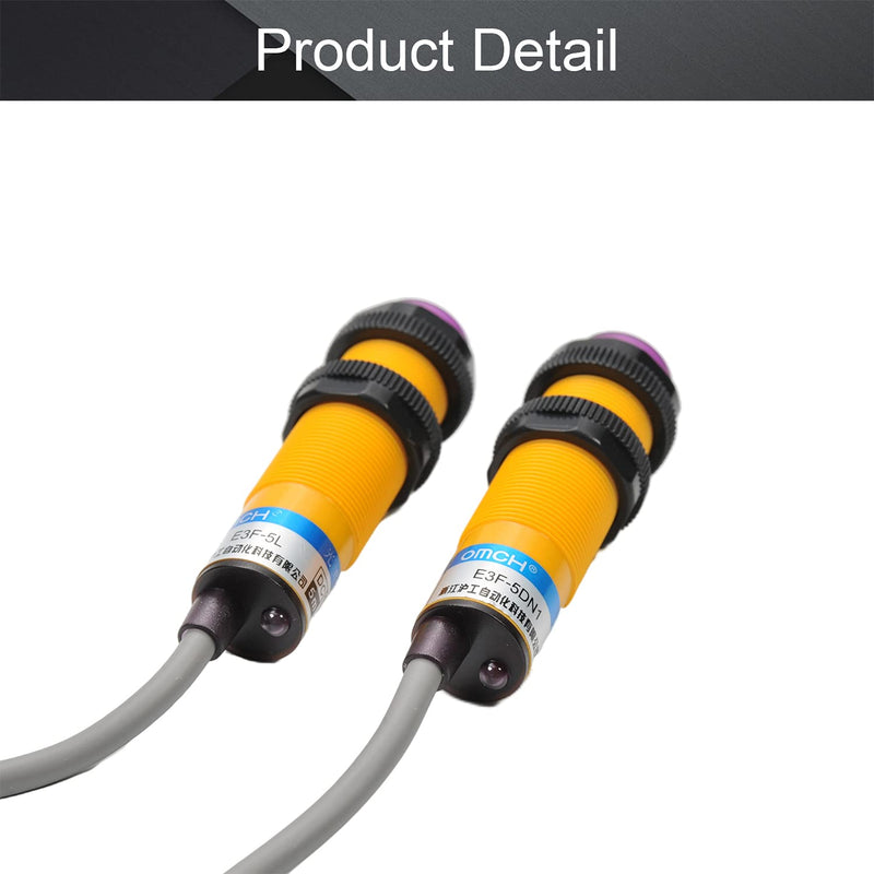 Fielect 2Pcs Photoelectric Sensors Through-Beam Detection Photoelectric Sensor Switch 200MA Detection Distance 5M 3/2 Wires E3F-5L+E3F-5DN1 Models : E3F-5L+E3F-5DN1