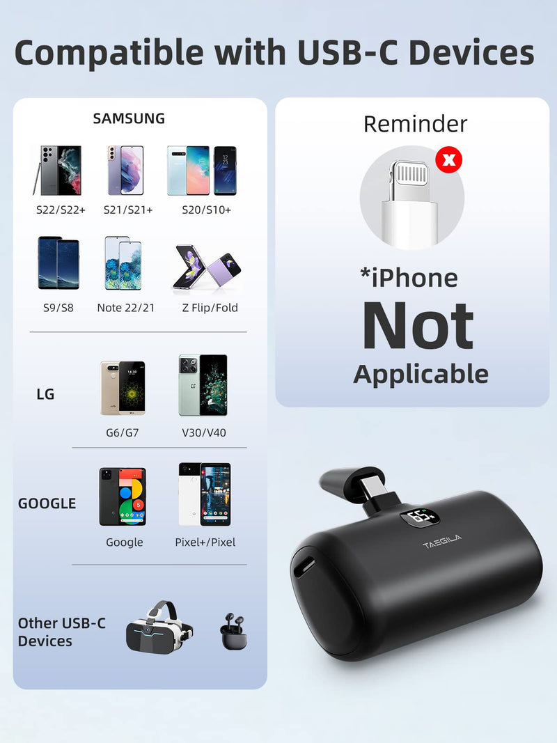 Taegila Portable Charger Android USB Type C Power Bank 5000mAh, Mini Cell Phone Battery Pack with Built-in Cable & LCD Display for All Android Phone/Samsung Galaxy S22,S21/Note/Moto/LG/Pixel/Nexus