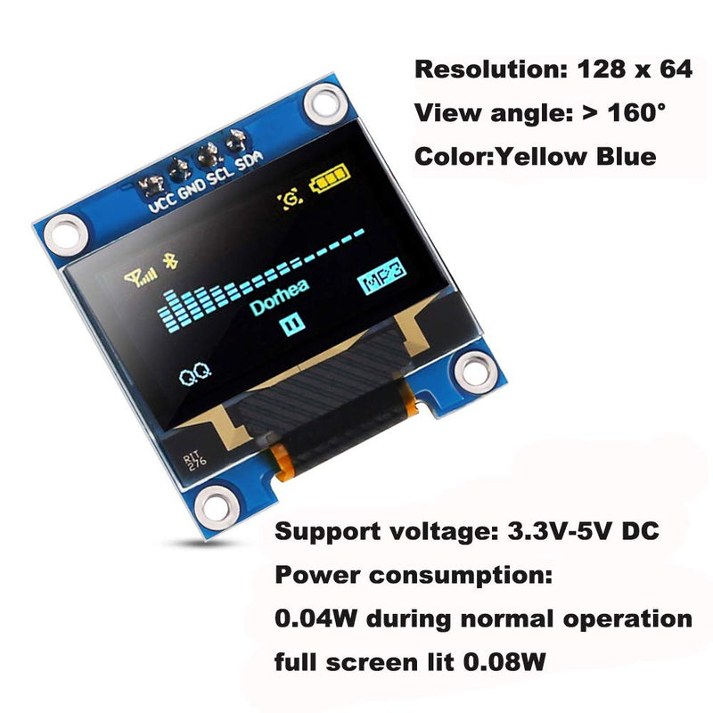 Dorhea 6PCS 0.96’’ OLED Display Module 12864 128x64 Pixel LCD Yellow Blue SSD1306 Driver Board I2C Serial 0.96 inch IIC Chip 4 Pin Self-Luminous Display Board Compatible with Ardu ino Raspberry Pi