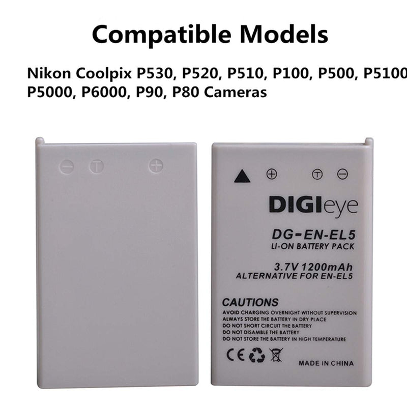 DIGIeye EN-EL5 Replacement Battery (2-Pack) and Dual LCD USB Charger kit for Nikon EN-EL5 Coolpix P530, P520, P510, P100, P500, P5100, P5000, P6000, P90, P80 Cameras