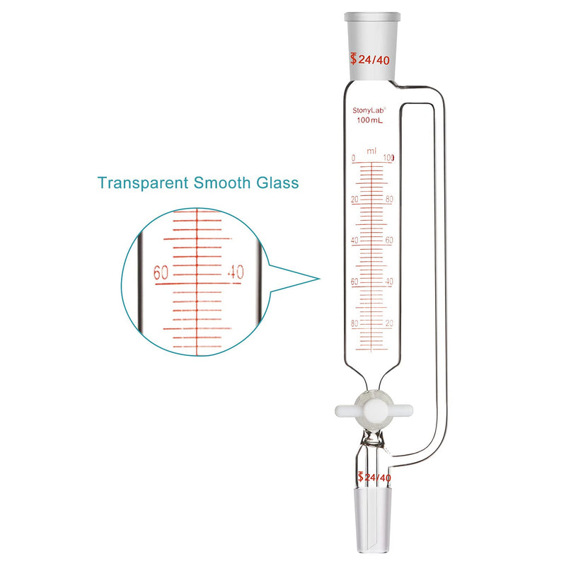 stonylab Pressure Equalizing Graduated Addition Funnel, Borosilicate Glass Dropping Funnel 24/40 Joint 100ml with PTFE Stopcock for Laboratory (100ml) 100 ml